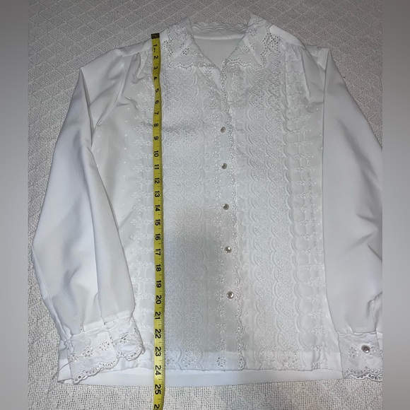 White Floral Eyelet Lace Trim Long Sleeve Top Scalloped Collar & Cuffs Large - Picture 7 of 10
